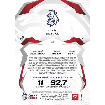 2025 Sportzoo Hokejové ČESKO #01 Lukáš Dostál