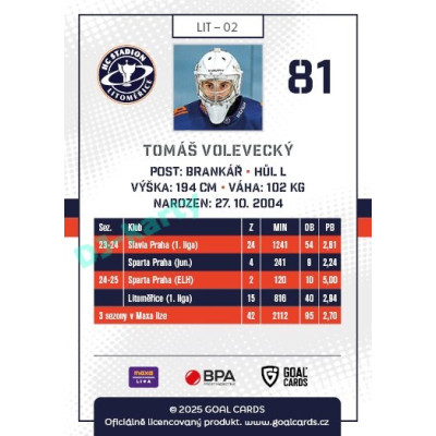 2025/26 Goal Cards Maxa liga #LIT-02 Tomáš Volevecký 
