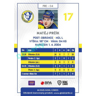 2025/26 Goal Cards Maxa liga #PRE-04 Matěj Prčík