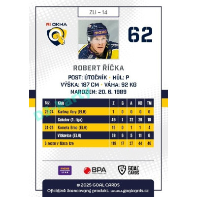 2025/26 Goal Cards Maxa liga #ZLI-14 Robert Říčka