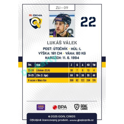 2025/26 Goal Cards Maxa liga #ZLI-09 Lukáš Válek