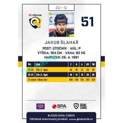 2025/26 Goal Cards Maxa liga #ZLI-12 Jakub Šlahař
