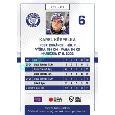 2025/26 Goal Cards Maxa liga #KOL-03 Karel Křepelka