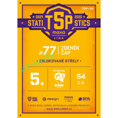 2025/26 Goal Cards Maxa liga #TOP-30 Zdeněk Čáp Top 5 Statistics