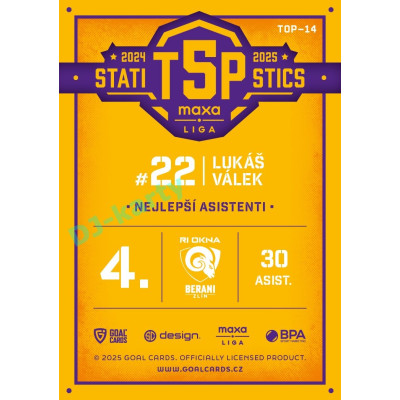 2025/26 Goal Cards Maxa liga #TOP-14 Lukáš Válek Top 5 Statistics