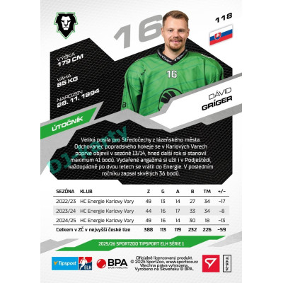 2025/26 Sportzoo ELH 1. serie #118 Dávid Gríger