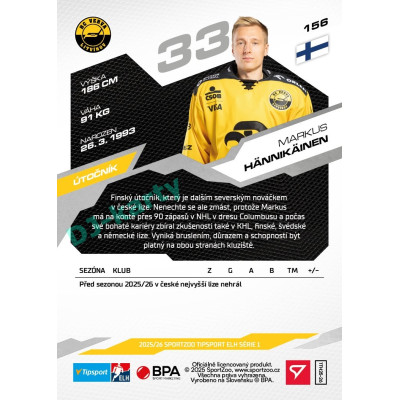 2025/26 Sportzoo ELH 1. serie #156 Markus Hännikäinen 