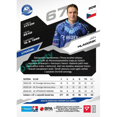 2025/26 Sportzoo ELH 1. serie #209 Jan Hladonik