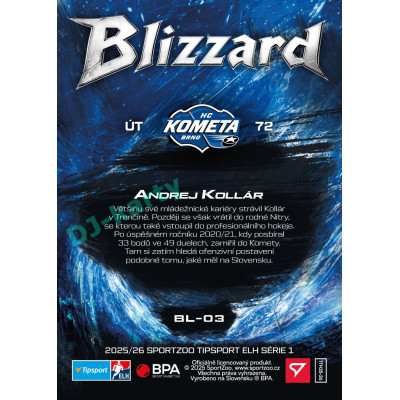 2025/26 Sportzoo ELH 1. serie #BL-03 Andrej Kollár Blizzard