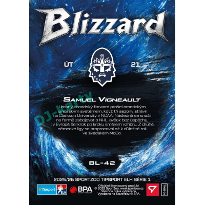 2025/26 Sportzoo ELH 1. serie #BL-42 Samuel Vigneault Blizzard