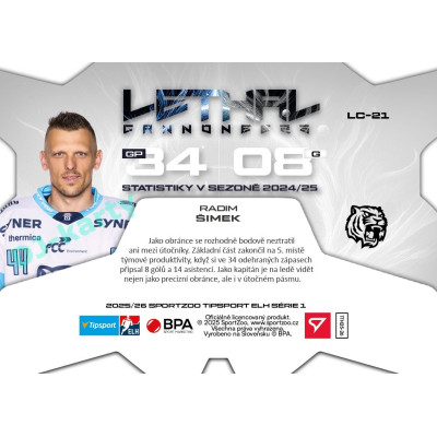 2025/26 Sportzoo ELH 1. serie #LC-21 Radim Šimek Lethal Cannoneers 