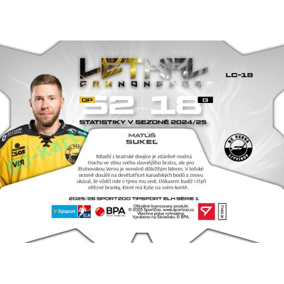 2025/26 Sportzoo ELH 1. serie #LC-18 Matúš Sukeľ Lethal Cannoneers 