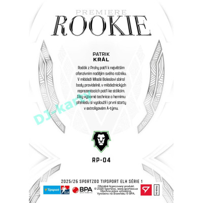 2025/26 Sportzoo ELH 1. serie #RP-04 Patrik Král Rookie Premiere