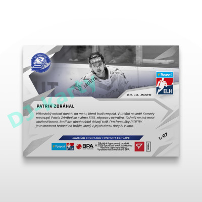 2025/26 Sportzoo ELH LIVE #L-07 Patrik Zdráhal LIVE karta xx/60