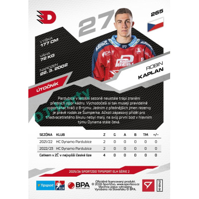 2025/26 Sportzoo ELH 2. serie #265 Robin Kaplan