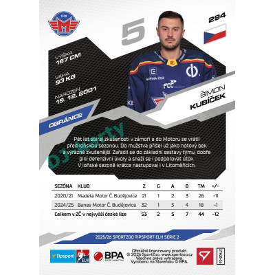 2025/26 Sportzoo ELH 2. serie #294 Šimon Kubíček