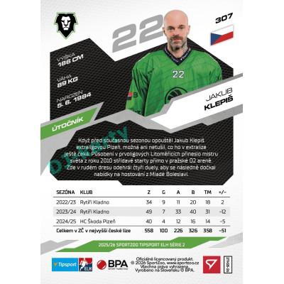 2025/26 Sportzoo ELH 2. serie #307 Jakub Klepiš