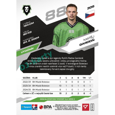2025/26 Sportzoo ELH 2. serie #305 Matěj Gardoň