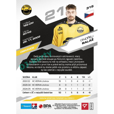 2025/26 Sportzoo ELH 2. serie #315 Ondřej Baláž