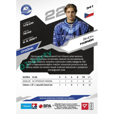 2025/26 Sportzoo ELH 2. serie #341 Šimon Fasner