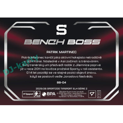 2025/26 Sportzoo ELH 2. serie #BB-04 Patrik Martinec Bench Boss