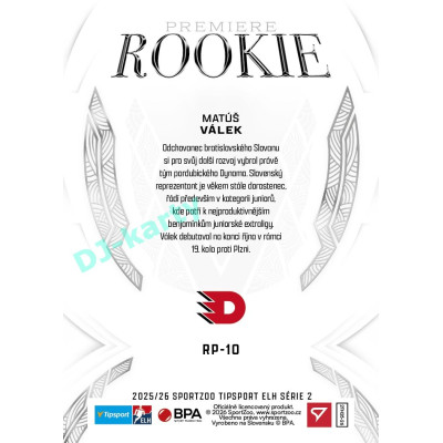 2025/26 Sportzoo ELH 2. serie #RP-10 Matúš Válek Rookie Premiere