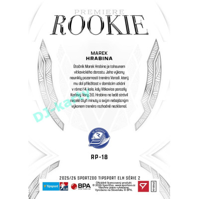 2025/26 Sportzoo ELH 2. serie #RP-18 Marek Hrabina Rookie Premiere