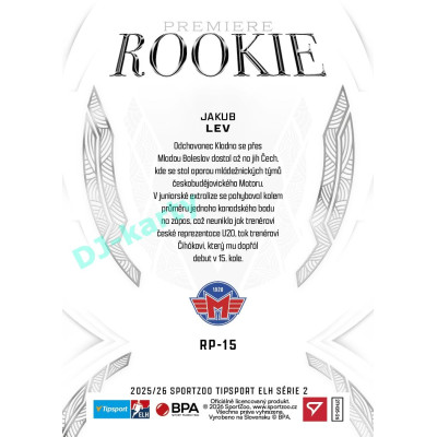 2025/26 Sportzoo ELH 2. serie #RP-15 Jakub Lev Rookie Premiere