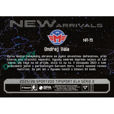 2025/26 Sportzoo ELH 2. serie #NA-19 Ondřej Vála New Arrivals