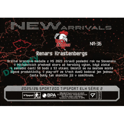 2025/26 Sportzoo ELH 2. serie #NA-36 Renars Krastenbergs New Arrivals