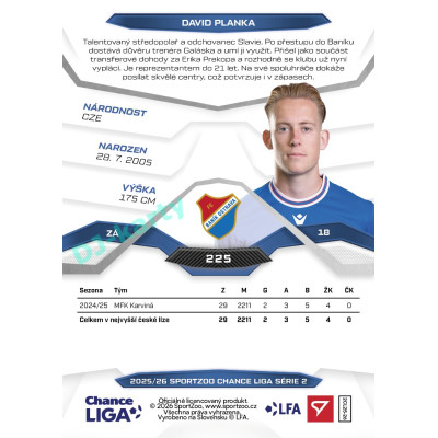 2025/26 Sportzoo Chance Liga 2. série #225 DAVID PLANKA