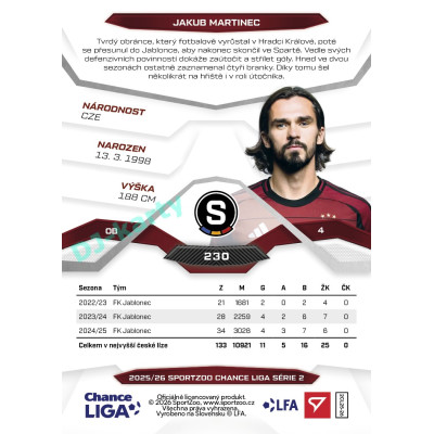 2025/26 Sportzoo Chance Liga 2. série #230 JAKUB MARTINEC