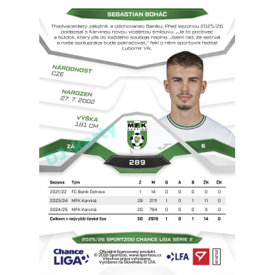 2025/26 Sportzoo Chance Liga 2. série #289 SEBASTIAN BOHÁČ