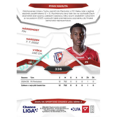 2025/26 Sportzoo Chance Liga 2. série #336 RYAN MAHUTA