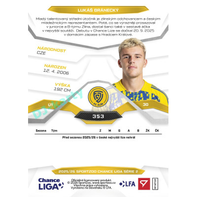 2025/26 Sportzoo Chance Liga 2. série #353 LUKÁŠ BRÁNECKÝ