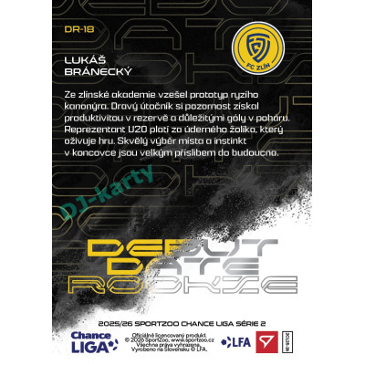 2025/26 Sportzoo Chance Liga 2. série #DR-18 LUKÁŠ BRÁNECKÝ Debut Date Rookie