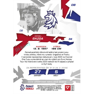 2026 Sportzoo Hokejové Česko #08 Daniel Gazda