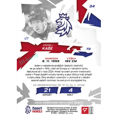 2026 Sportzoo Hokejové Česko #34 Ondřej Kaše