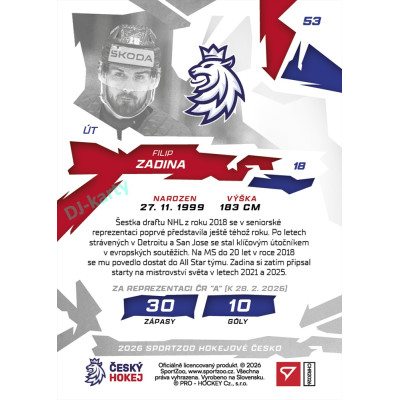 2026 Sportzoo Hokejové Česko #53 Filip Zadina