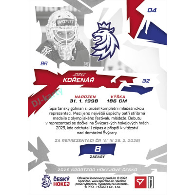 2026 Sportzoo Hokejové Česko #04 Josef Kořenář