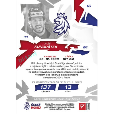 2026 Sportzoo Hokejové Česko #16 Tomáš Kundrátek