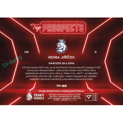 2026 Sportzoo Hokejové Česko #TP-08 Adam Jiříček Top Prospects