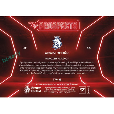 2026 Sportzoo Hokejové Česko #TP-16 Adam Benák Top Prospects