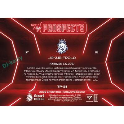 2026 Sportzoo Hokejové Česko #TP-21 Jakub Frolo Top Prospects