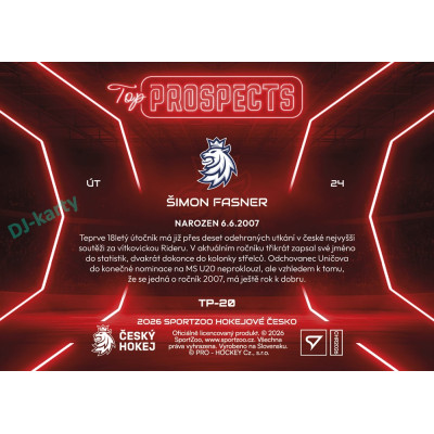 2026 Sportzoo Hokejové Česko #TP-20 Šimon Fasner Top Prospects