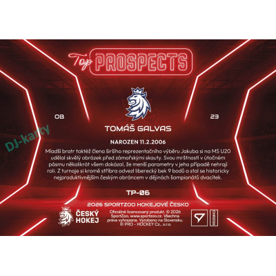 2026 Sportzoo Hokejové Česko #TP-06 Tomáš Galvas Top Prospects