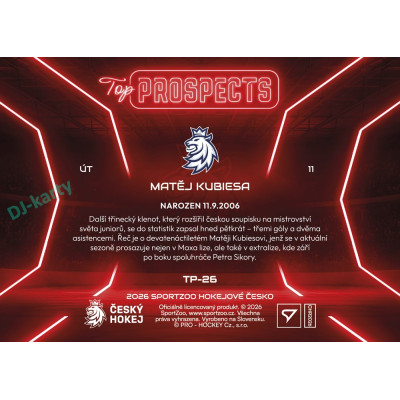 2026 Sportzoo Hokejové Česko #TP-26 Matěj Kubiesa Top Prospects