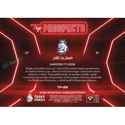 2026 Sportzoo Hokejové Česko #TP-25 Jiří Klíma Top Prospects