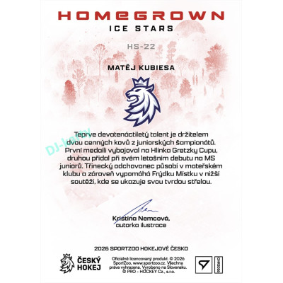 2026 Sportzoo Hokejové Česko #HS-22 Matěj Kubiesa Homegrown Ice Stars