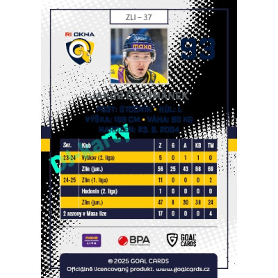 2025/26 Goal Cards Maxa liga 2.s. #ZLI - 37 Jakub Čechmánek